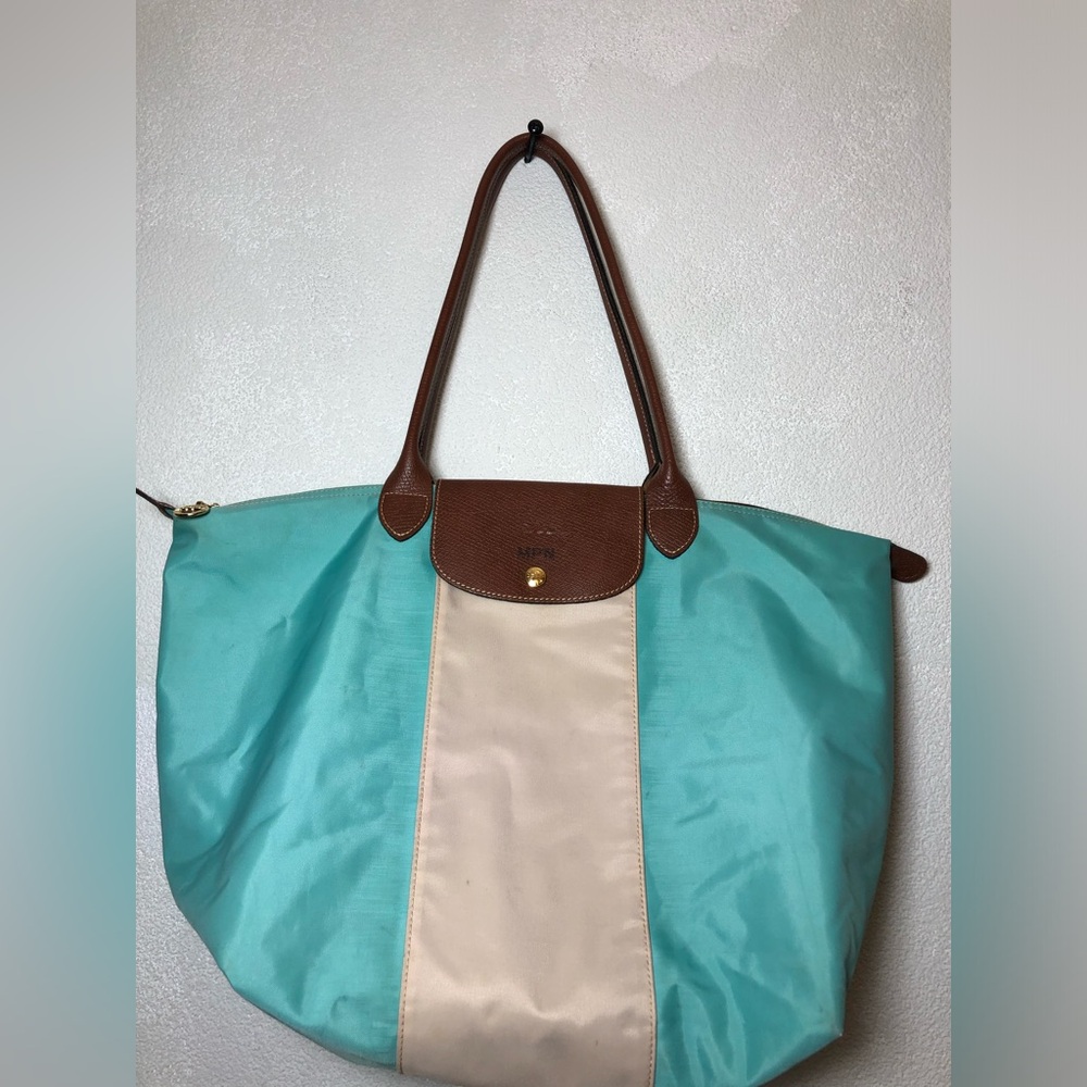 Longchamp Turquoise, Cream & Brown Le Pliage Tote